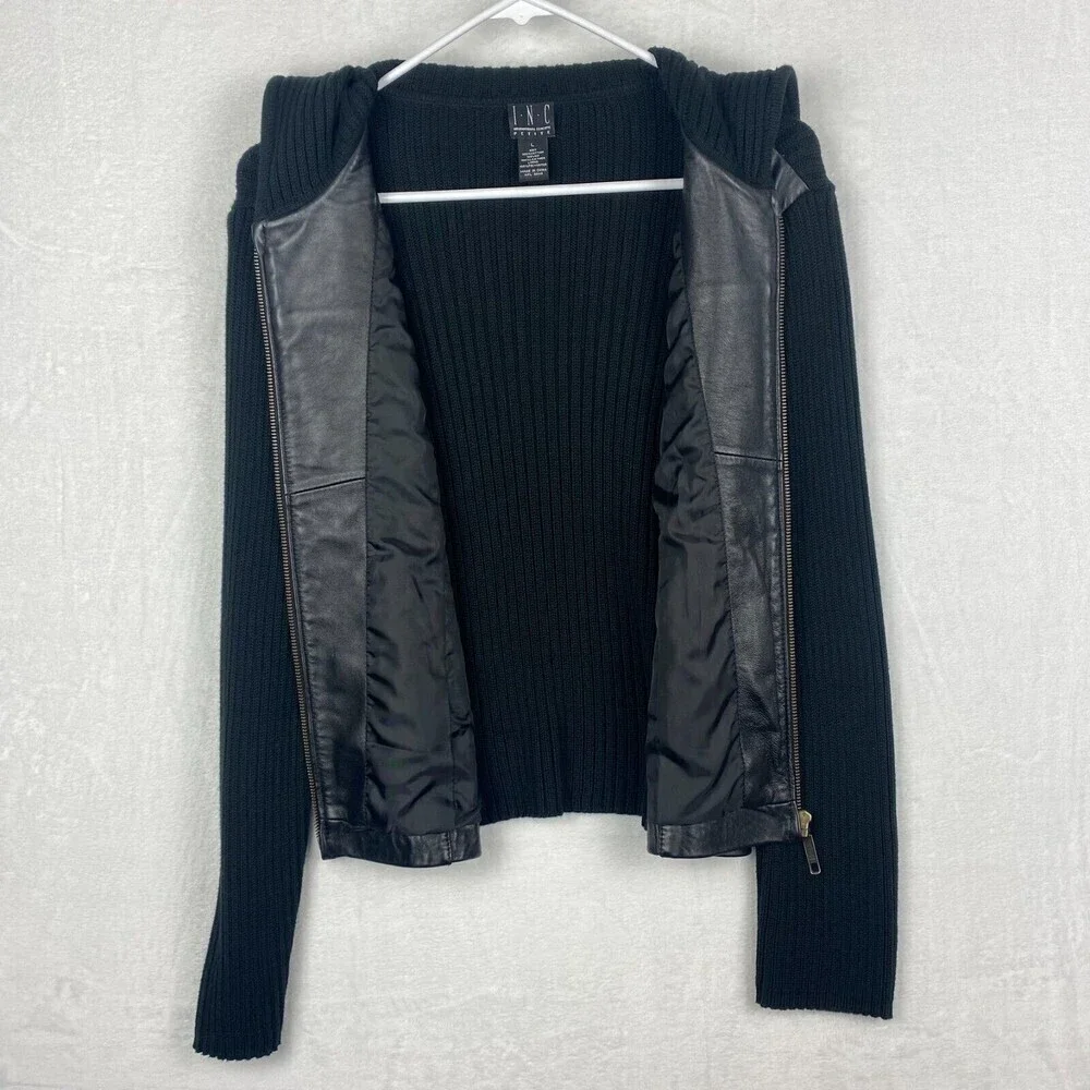 I.N.C Leather Jacket Womens Large Petite Black Pockets Hooded Ladies Jacket - Picture 3 of 11